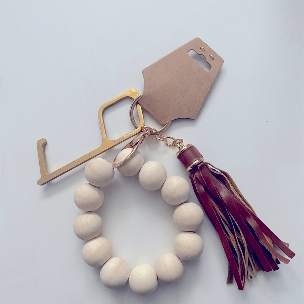 Wooden Brown and Tan Bead Wristlet Keychain with Tassel